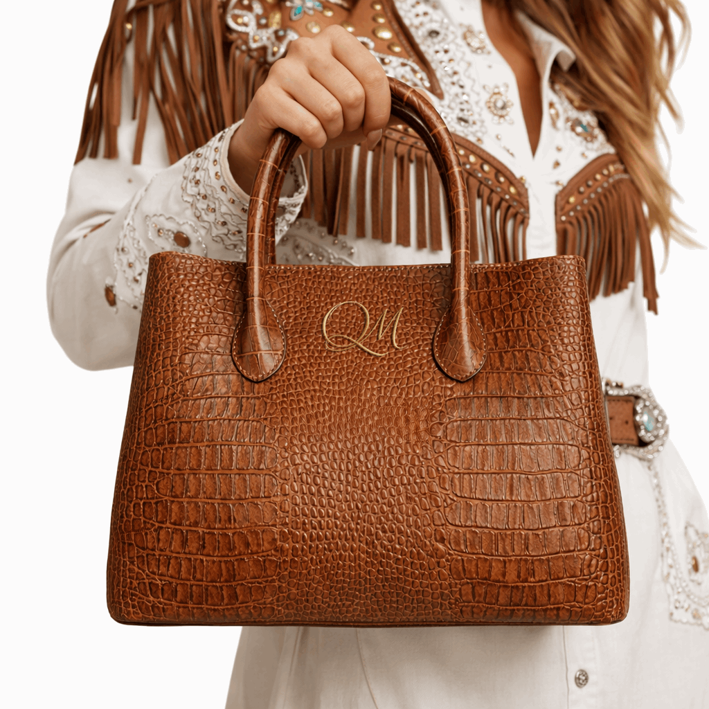 Women’s Crocodile Embossed Saddle Leather Tote Bag – Luxury Brown Handbag