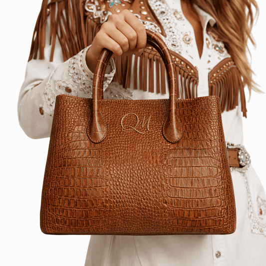 Women’s Crocodile Embossed Saddle Leather Tote Bag – Luxury Brown Handbag