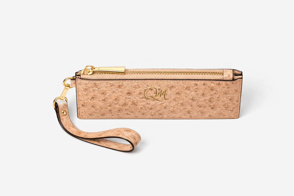 Burgundy Ostrich Texture Leather Wristlet – Elegant Zip Pouch - Quick Moto