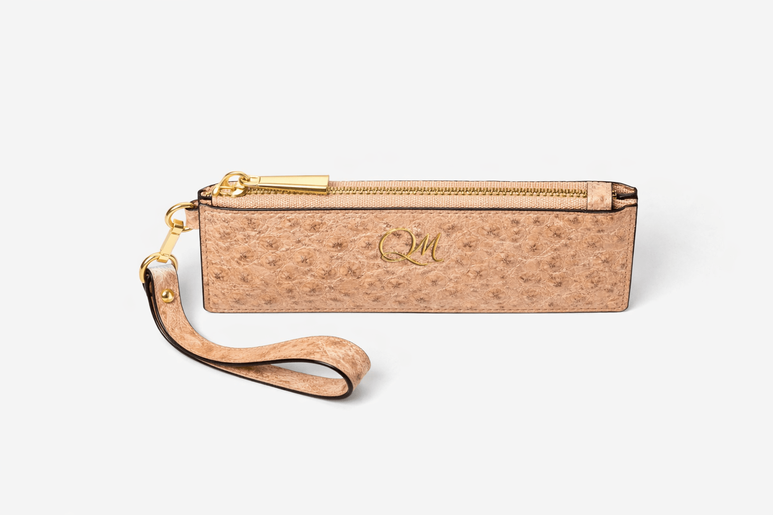 Burgundy Ostrich Texture Leather Wristlet – Elegant Zip Pouch - Quick Moto