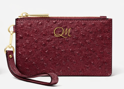Burgundy Ostrich Texture Leather Wristlet – Elegant Zip Pouch - Quick Moto