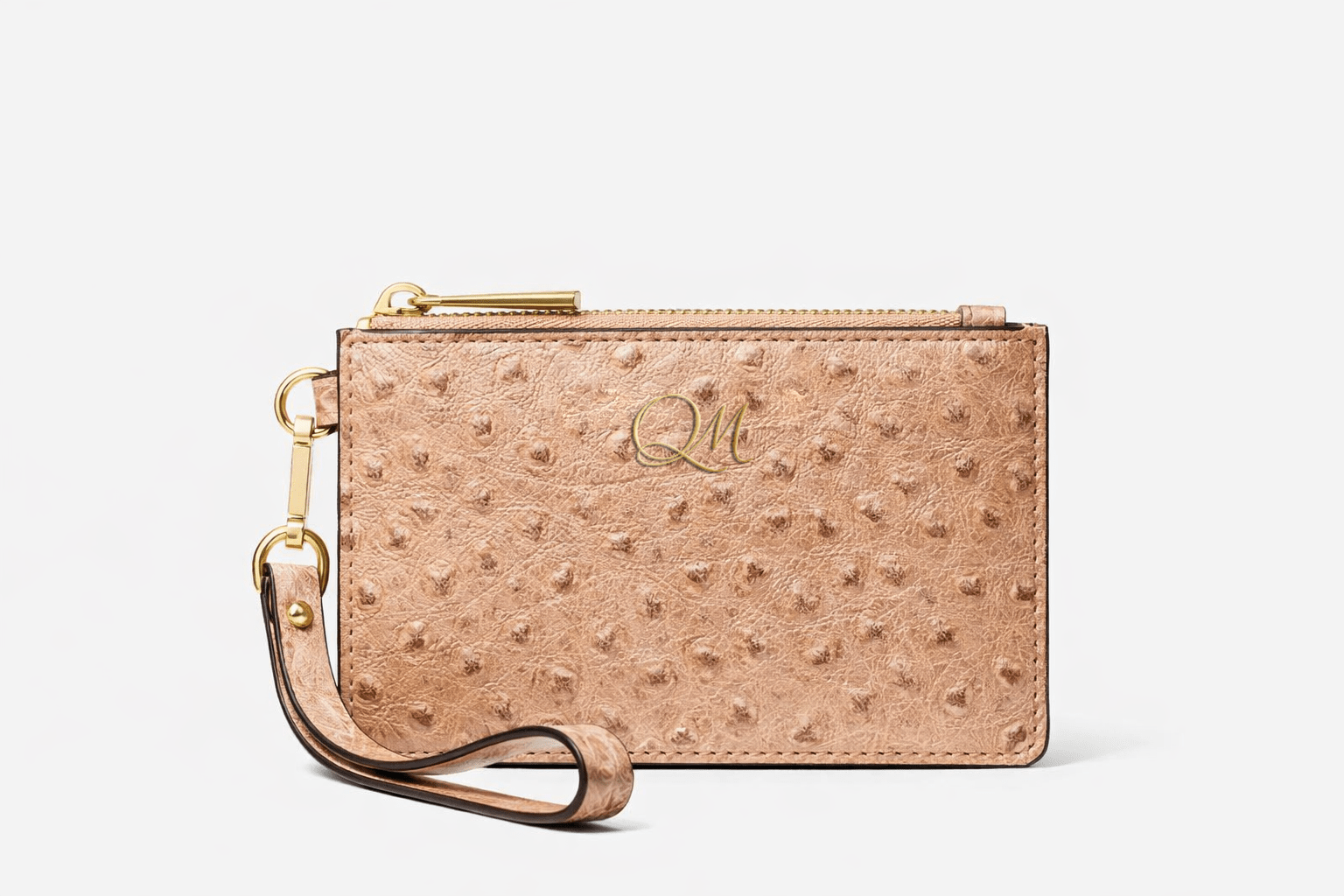 Burgundy Ostrich Texture Leather Wristlet – Elegant Zip Pouch - Quick Moto