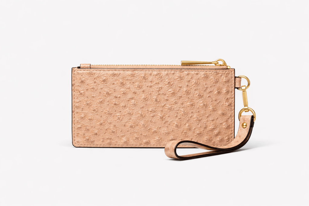 Burgundy Ostrich Texture Leather Wristlet – Elegant Zip Pouch - Quick Moto