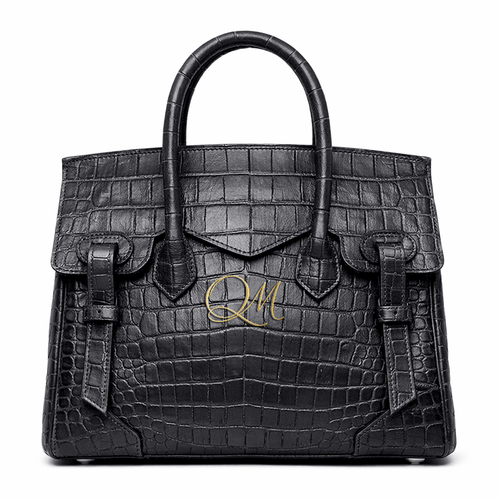 Croc Texture Leather Structured Tote – Gold QM Signature Handbag - Quick Moto