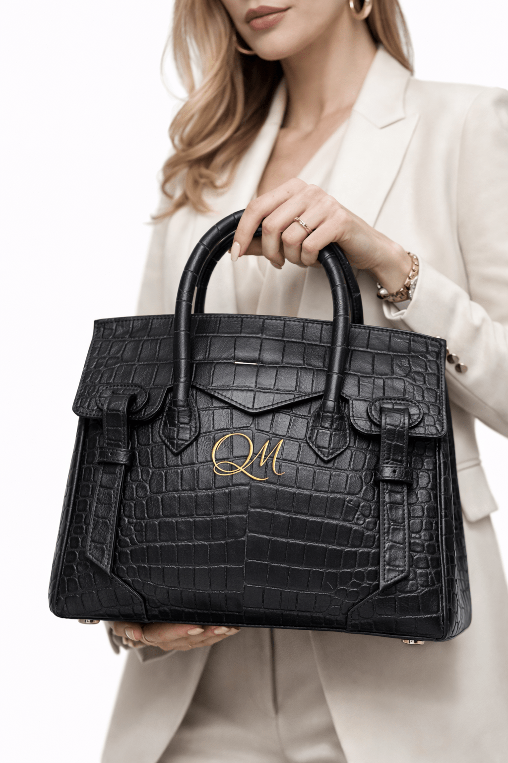 Croc Texture Leather Structured Tote – Gold QM Signature Handbag - Quick Moto