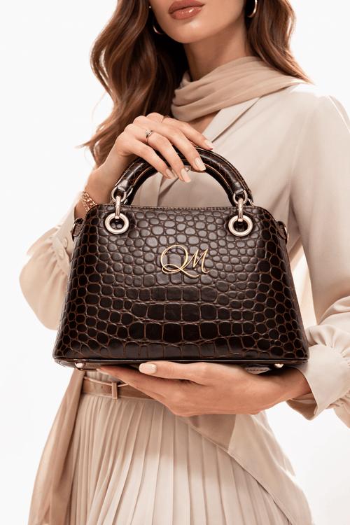Croc Texture Leather Top Handle Satchel – Gold QM Signature Handbag - Quick Moto