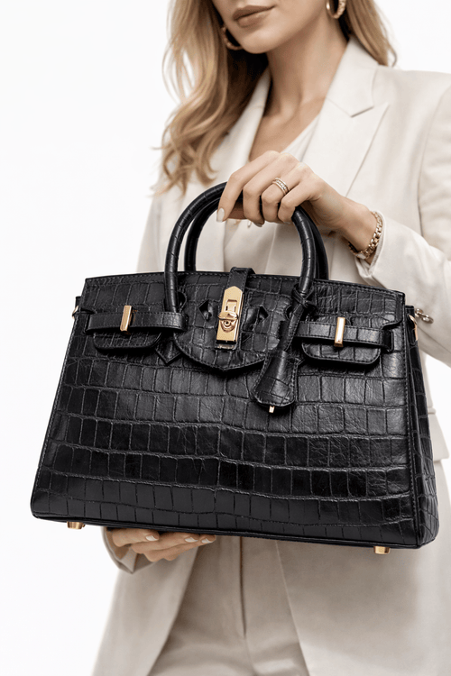 Croc Texture Leather Top Handle Satchel – Luxury Lock Detail Handbag - Quick Moto