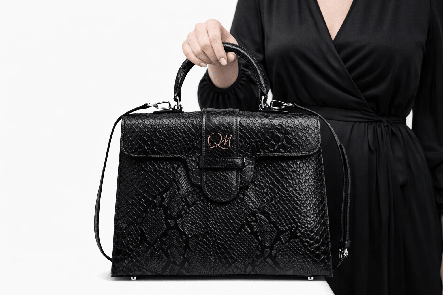 Luxury Black Python Texture Handbag for Women – Designer Top Handle Bag - Quick Moto