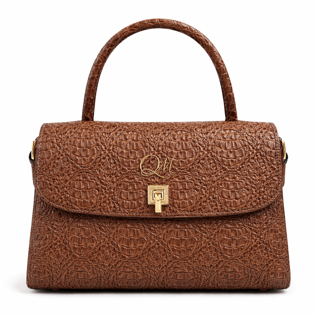 Luxury Brown Croc Pattern Leather Handbag for Women | Designer Top Handle Flap Bag - Quick Moto