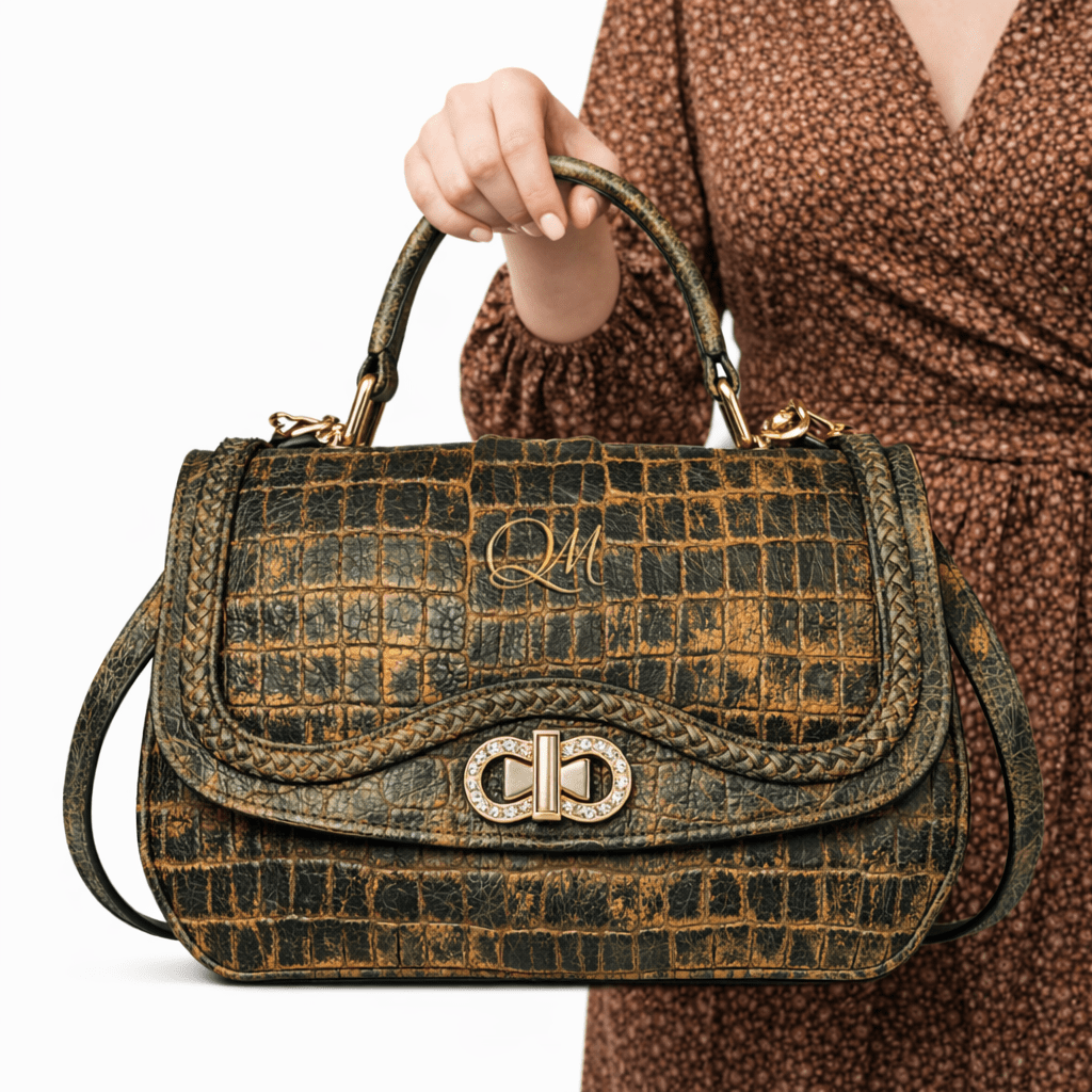 Luxury Green Croc Pattern Leather Handbag for Women | Designer Top Handle & Crossbody Bag - Quick Moto