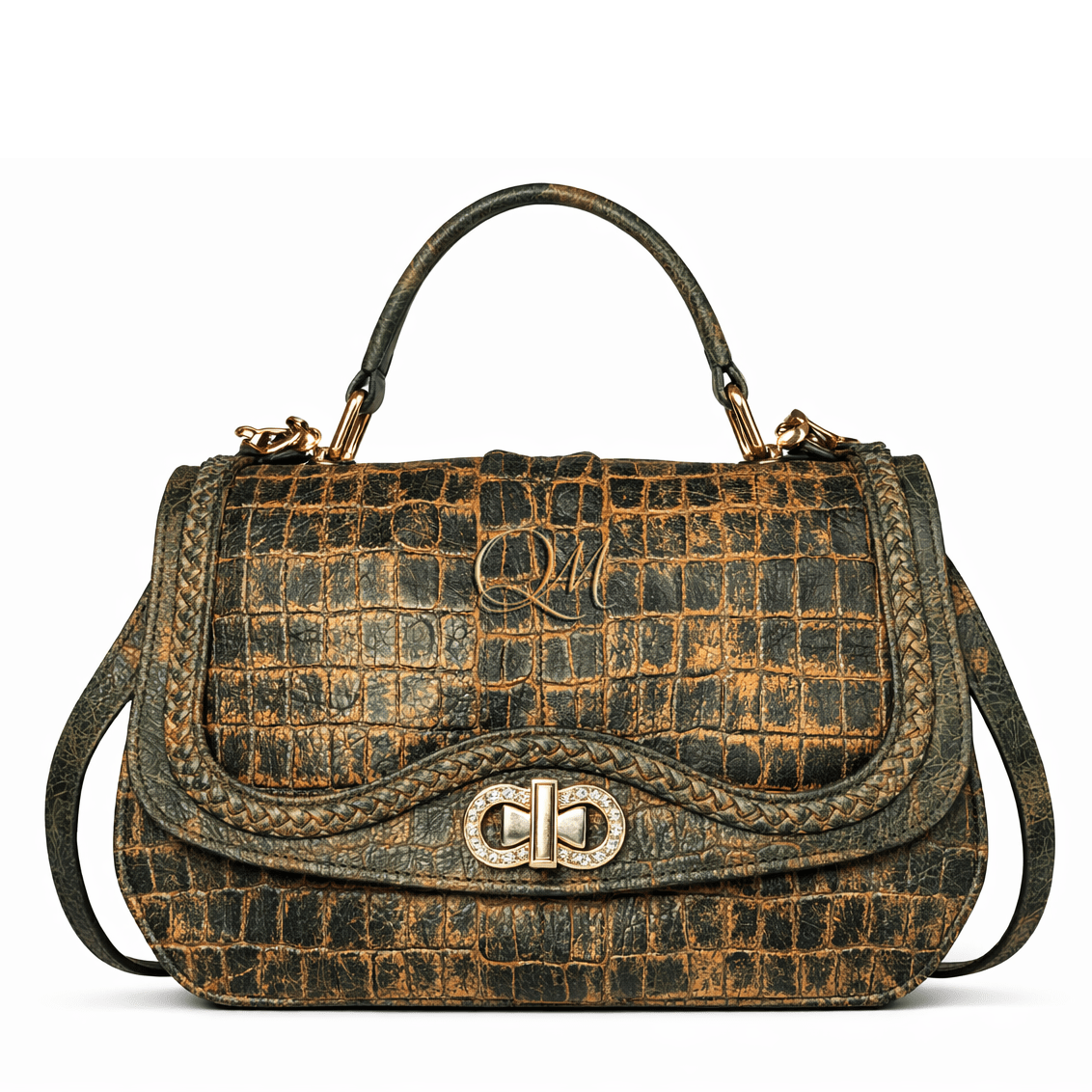 Luxury Green Croc Pattern Leather Handbag for Women | Designer Top Handle & Crossbody Bag - Quick Moto