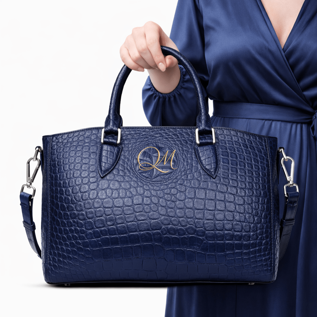 Luxury Navy Blue Croc Pattern Leather Handbag for Women | Designer Top Handle & Crossbody Bag - Quick Moto
