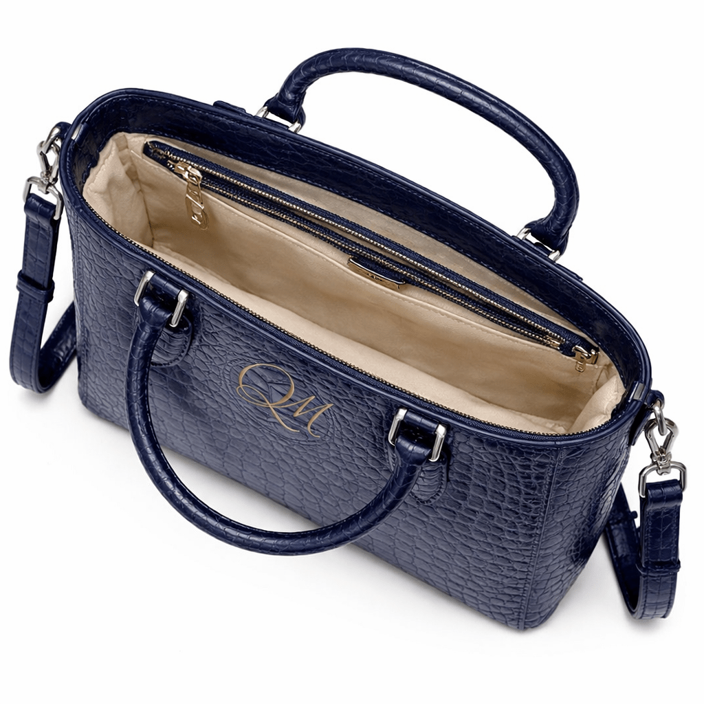 Luxury Navy Blue Croc Pattern Leather Handbag for Women | Designer Top Handle & Crossbody Bag - Quick Moto