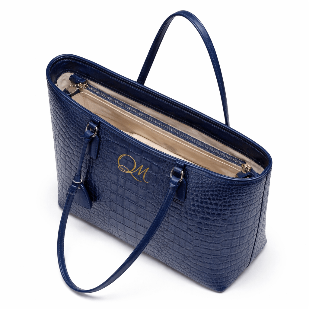 Luxury Navy Blue Croc Pattern Leather Tote Bag for Women | Designer Shoulder Handbag - Quick Moto