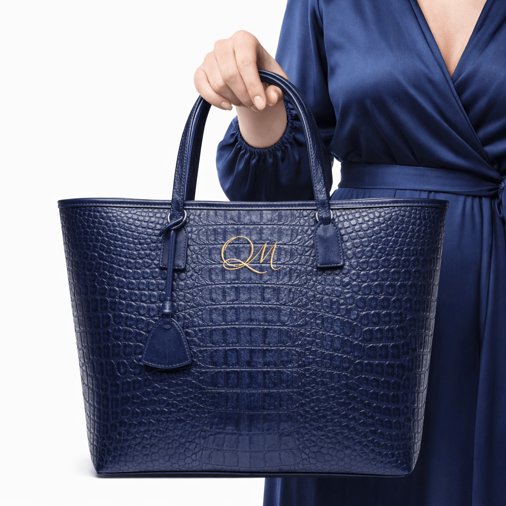 Luxury Navy Blue Croc Pattern Leather Tote Bag for Women | Designer Shoulder Handbag - Quick Moto