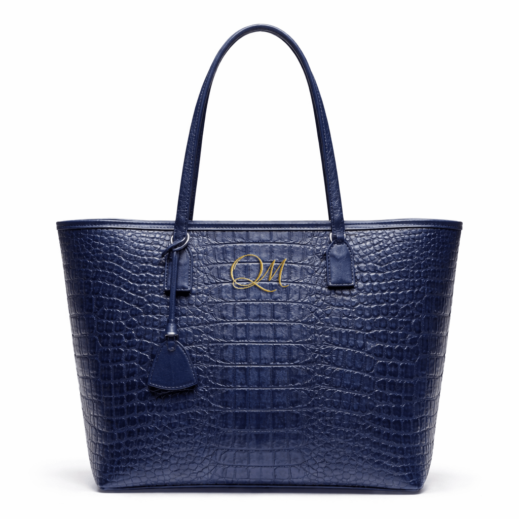 Luxury Navy Blue Croc Pattern Leather Tote Bag for Women | Designer Shoulder Handbag - Quick Moto