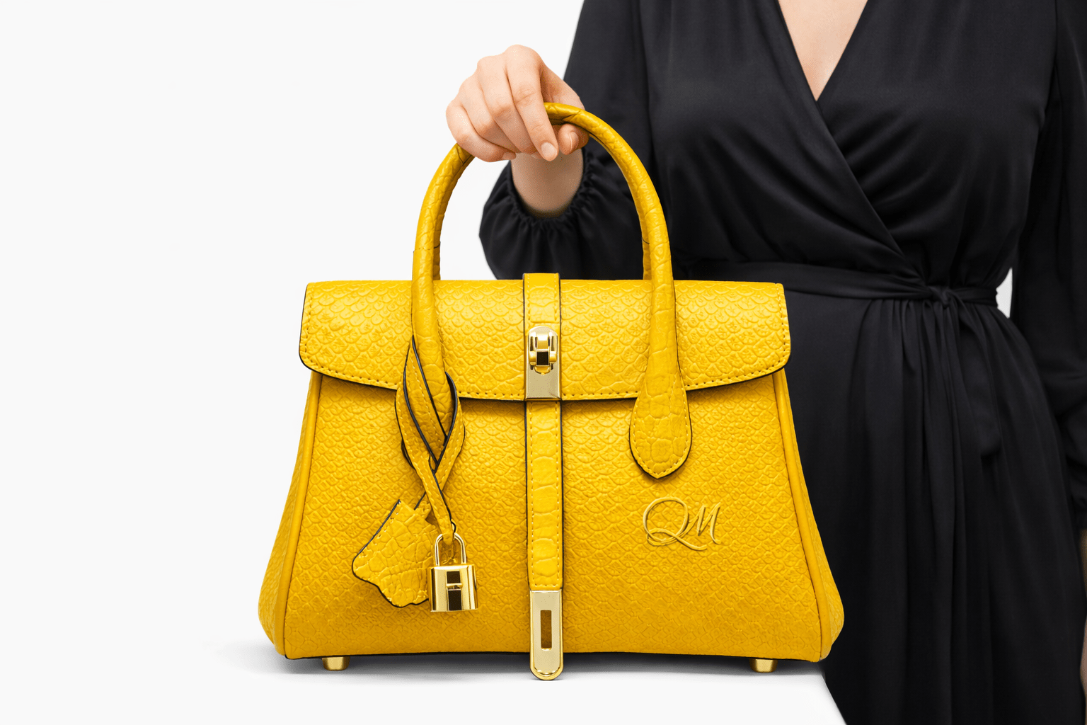 Luxury Yellow Alligator Pattern Leather Handbag for Women | Designer Top Handle Purse - Quick Moto