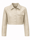 Women’s Croc Texture Leather Cropped Jacket – Button Front Shirt Style - Quick Moto