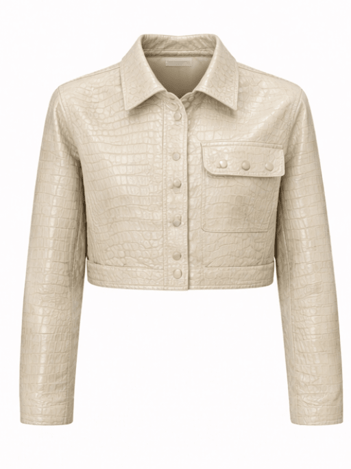 Women’s Croc Texture Leather Cropped Jacket – Button Front Shirt Style - Quick Moto