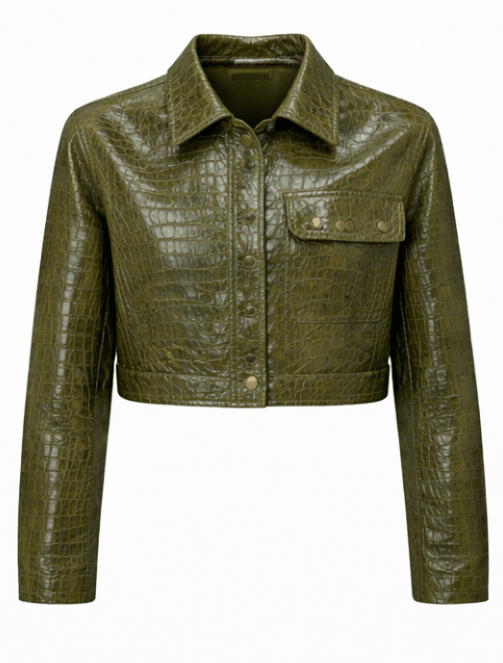 Women’s Croc Texture Leather Cropped Jacket – Button Front Shirt Style - Quick Moto