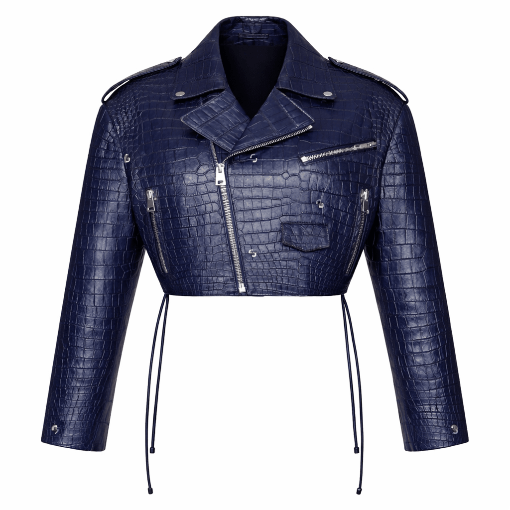 Women’s Croc Texture Leather Cropped Moto Jacket – Slim Fit Biker Style - Quick Moto