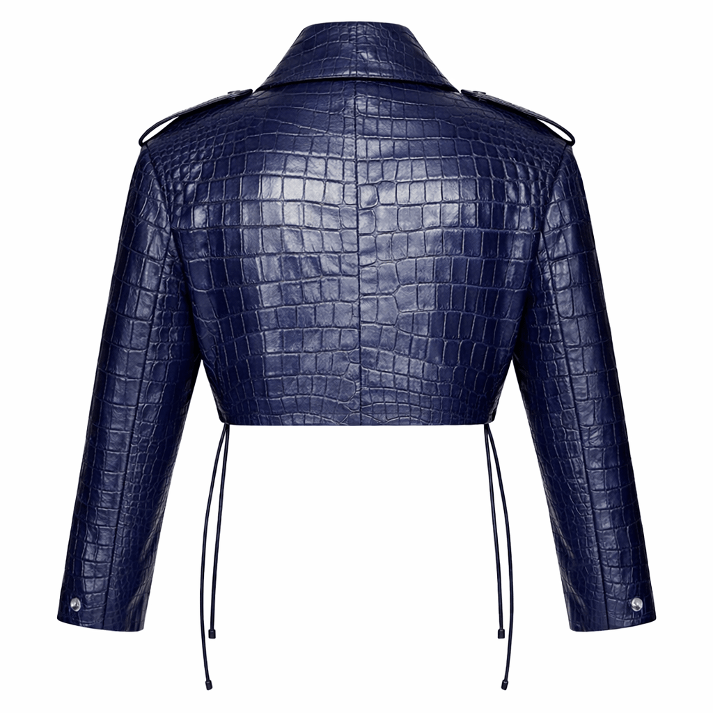 Women’s Croc Texture Leather Cropped Moto Jacket – Slim Fit Biker Style - Quick Moto