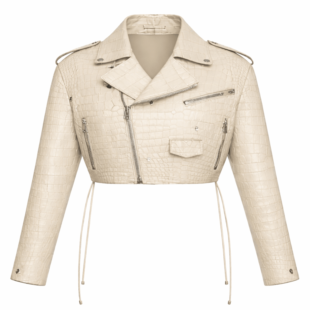 Women’s Croc Texture Leather Cropped Moto Jacket – Slim Fit Biker Style - Quick Moto