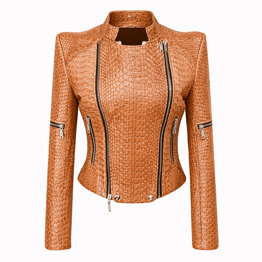 Women’s Croc Texture Leather Jacket – Slim Fit Zip Front Moto Style - Quick Moto