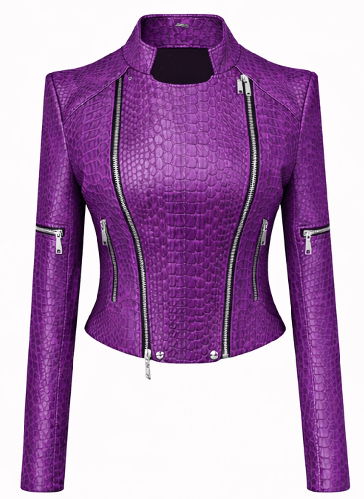 Women’s Croc Texture Leather Jacket – Slim Fit Zip Front Moto Style - Quick Moto