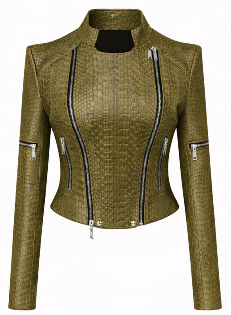 Women’s Croc Texture Leather Jacket – Slim Fit Zip Front Moto Style - Quick Moto