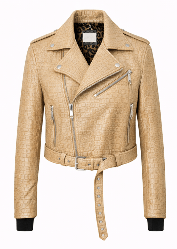 Women’s Croc Texture Leather Moto Jacket – Belted Slim Fit Biker Style - Quick Moto