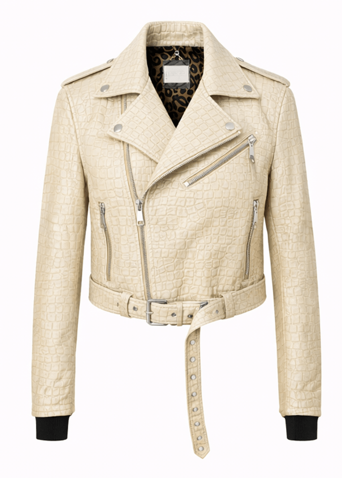 Women’s Croc Texture Leather Moto Jacket – Belted Slim Fit Biker Style - Quick Moto