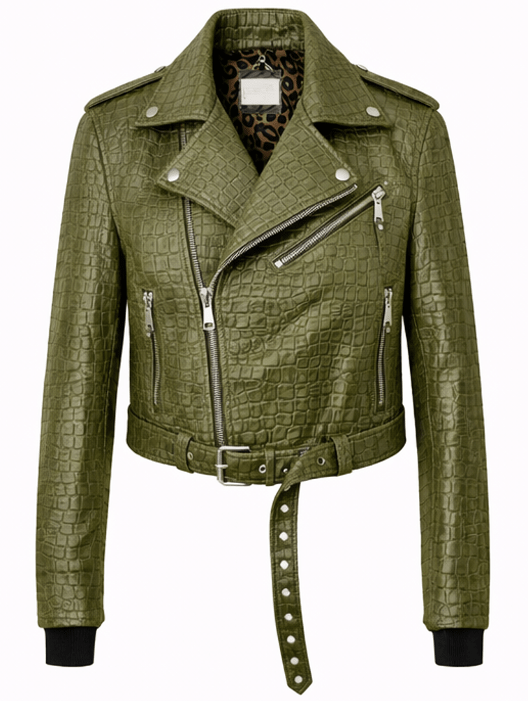 Women’s Croc Texture Leather Moto Jacket – Belted Slim Fit Biker Style - Quick Moto