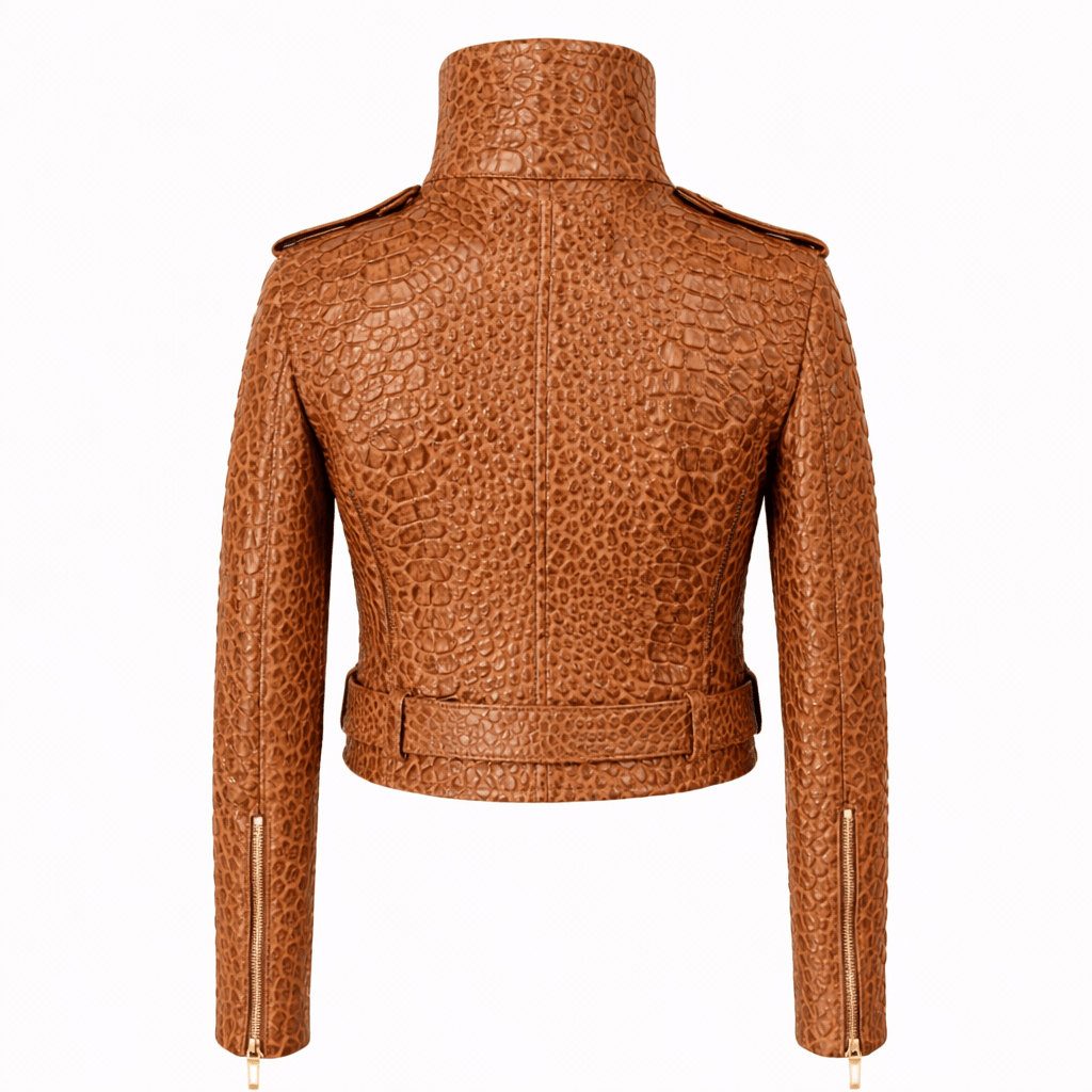 Women’s Croc Texture Leather Moto Jacket – Belted Slim Fit Designer Style - Quick Moto