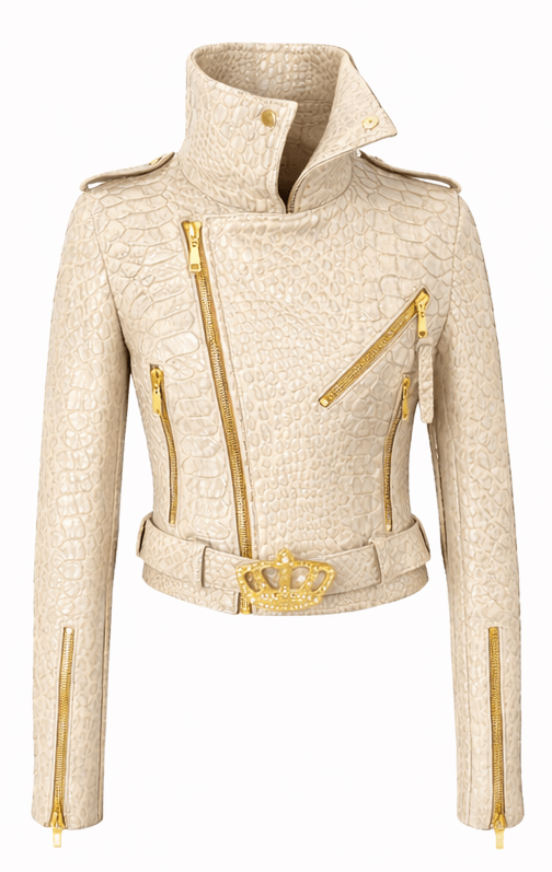 Women’s Croc Texture Leather Moto Jacket – Belted Slim Fit Designer Style - Quick Moto