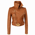 Women’s Croc Texture Leather Moto Jacket – Belted Slim Fit Designer Style - Quick Moto