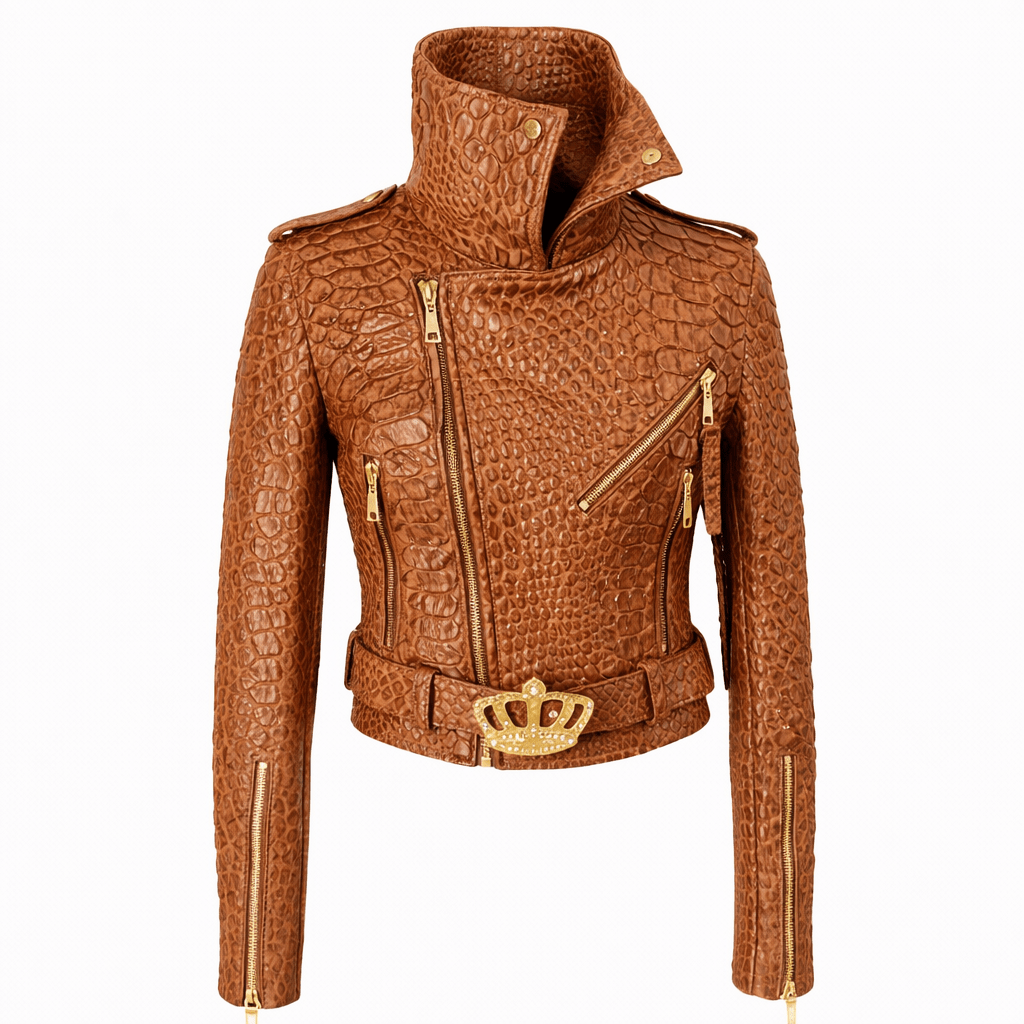 Women’s Croc Texture Leather Moto Jacket – Belted Slim Fit Designer Style - Quick Moto