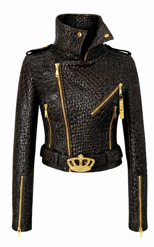 Women’s Croc Texture Leather Moto Jacket – Belted Slim Fit Designer Style - Quick Moto
