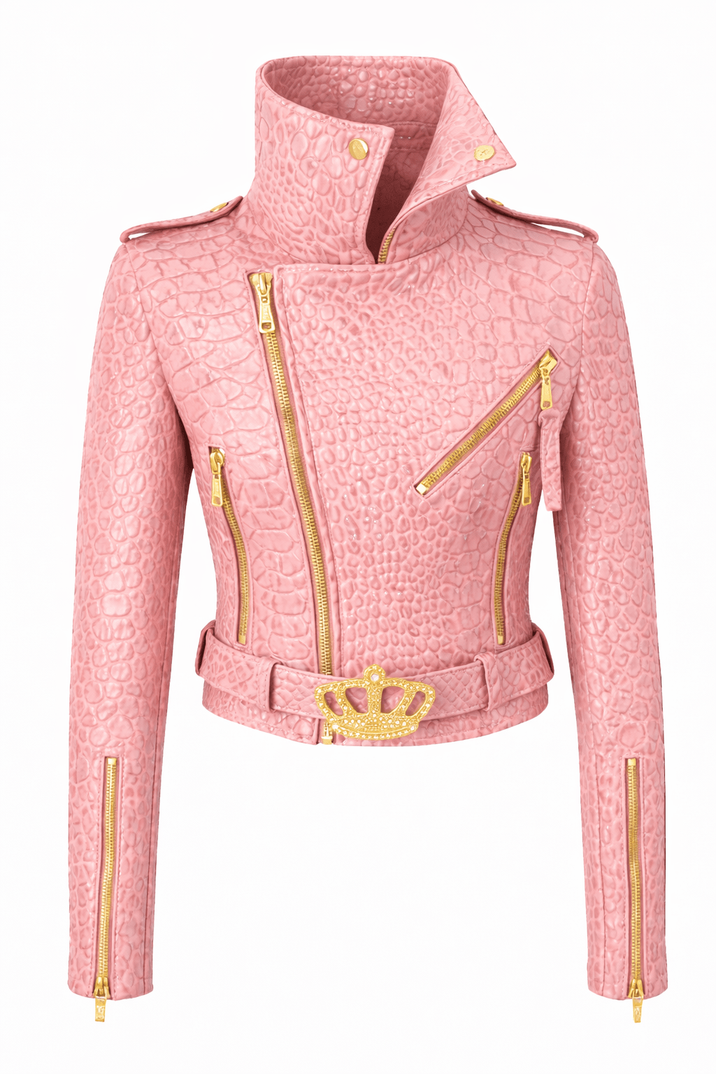 Women’s Croc Texture Leather Moto Jacket – Belted Slim Fit Designer Style - Quick Moto