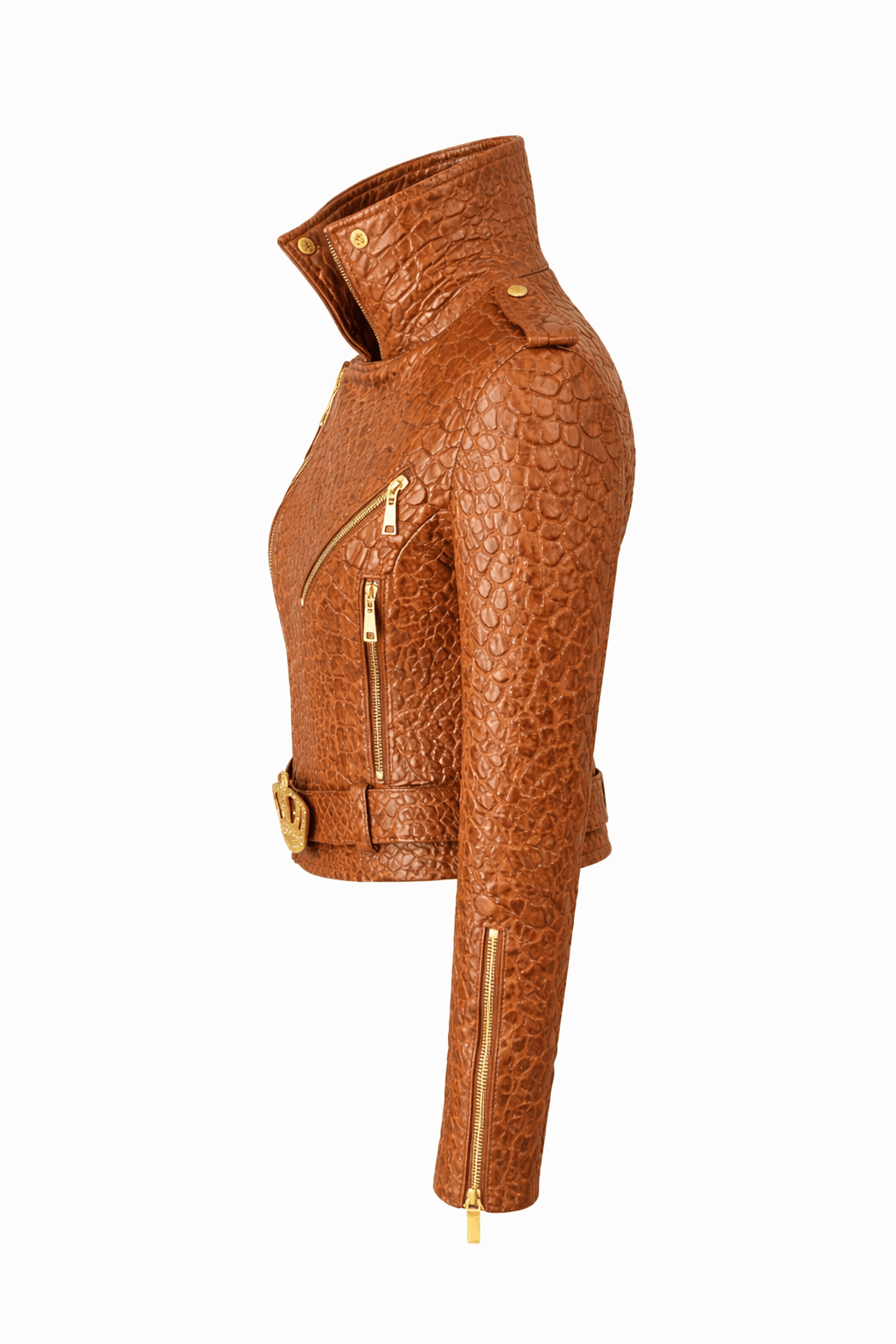 Women’s Croc Texture Leather Moto Jacket – Belted Slim Fit Designer Style - Quick Moto