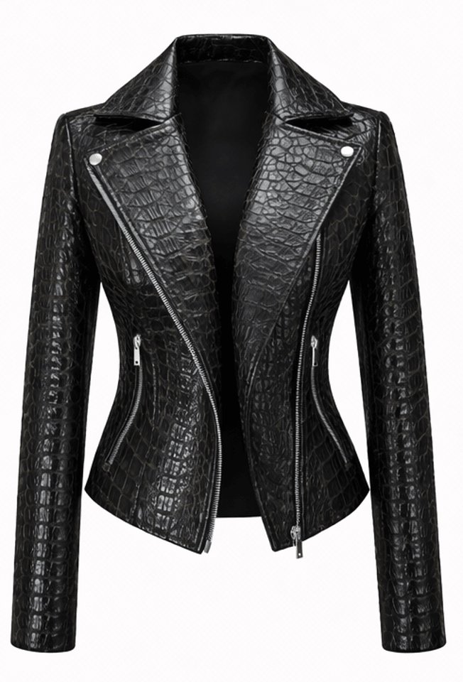 Women’s Croc Texture Leather Moto Jacket – Slim Fit Asymmetrical Biker Style - Quick Moto