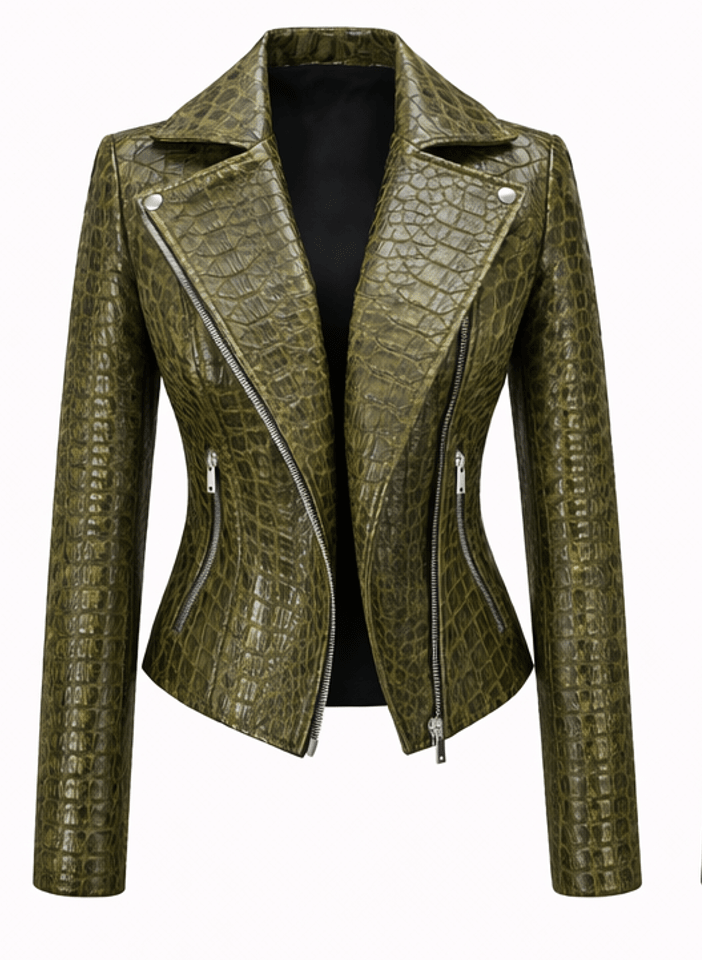 Women’s Croc Texture Leather Moto Jacket – Slim Fit Asymmetrical Biker Style - Quick Moto