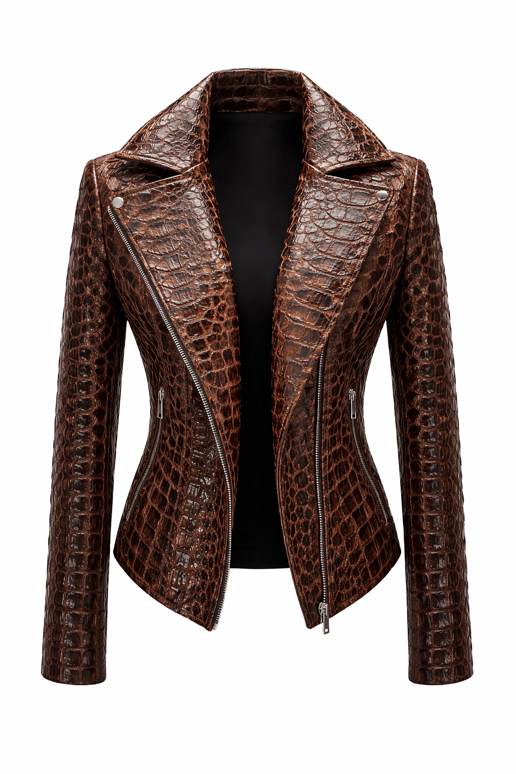 Women’s Croc Texture Leather Moto Jacket – Slim Fit Asymmetrical Biker Style - Quick Moto