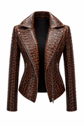 Women’s Croc Texture Leather Moto Jacket – Slim Fit Asymmetrical Biker Style - Quick Moto