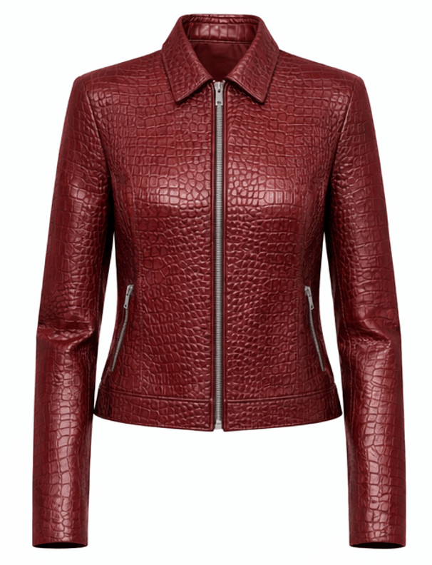 Women’s Croc Texture Leather Moto Jacket – Slim Fit Asymmetrical Biker Style - Quick Moto