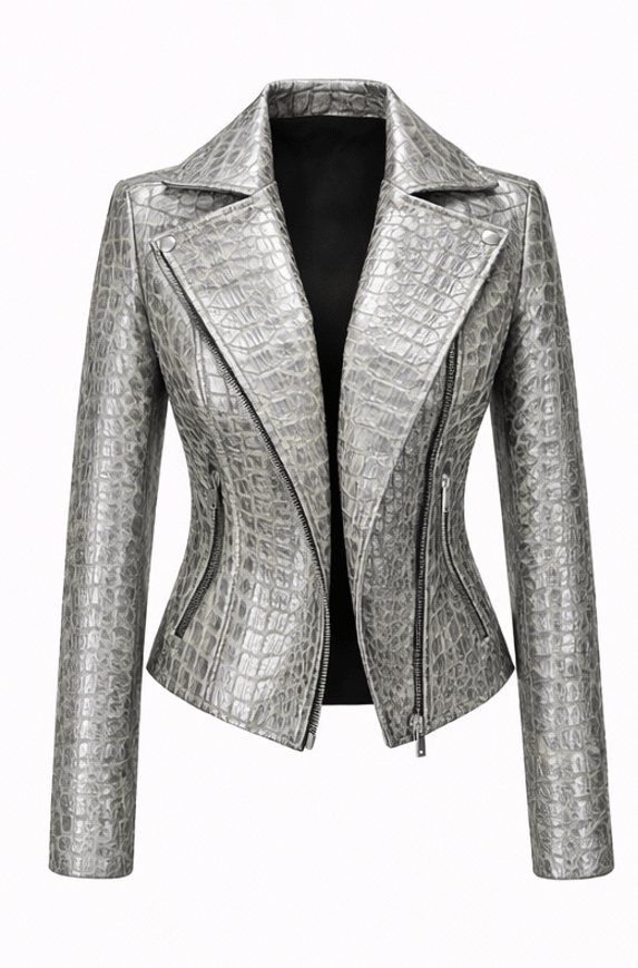 Women’s Croc Texture Leather Moto Jacket – Slim Fit Asymmetrical Biker Style - Quick Moto