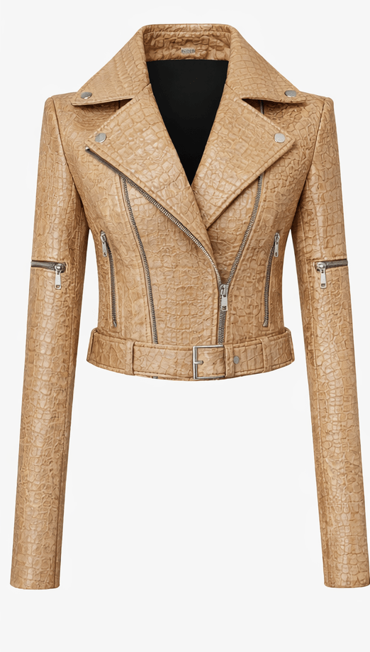 Women’s Croc Texture Leather Moto Jacket – Slim Fit Biker Style - Quick Moto