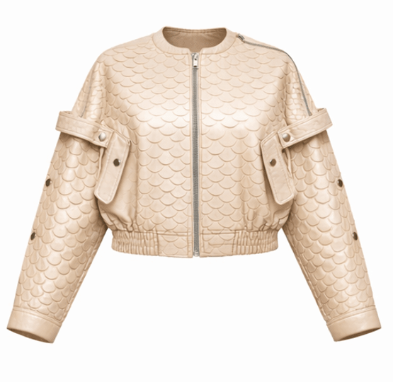 Women’s Scale Texture Leather Cropped Bomber Jacket – Zip Front Statement Style - Quick Moto