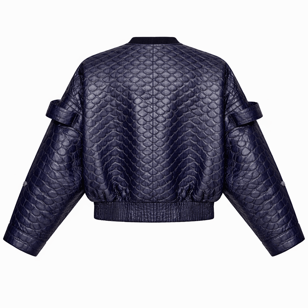 Women’s Scale Texture Leather Cropped Bomber Jacket – Zip Front Statement Style - Quick Moto