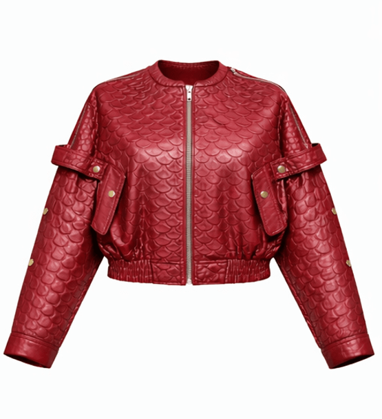 Women’s Scale Texture Leather Cropped Bomber Jacket – Zip Front Statement Style - Quick Moto